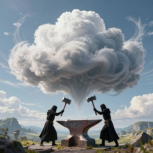 Digital artwork of two black-clad figures with hammers striking an anvil, creating a massive, swirling cloud in a vibrant, mountainous landscape under