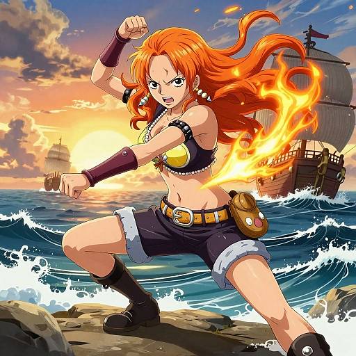 Digital anime-style artwork of a fierce red-haired woman with fire in her hand, wearing a black crop top and shorts, battling waves and a ship in