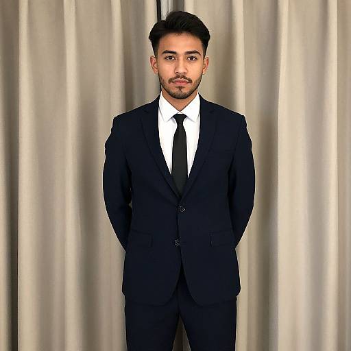 Photograph of a young Asian man with short black hair, beard, and mustache, wearing a black suit, white shirt, and black tie,