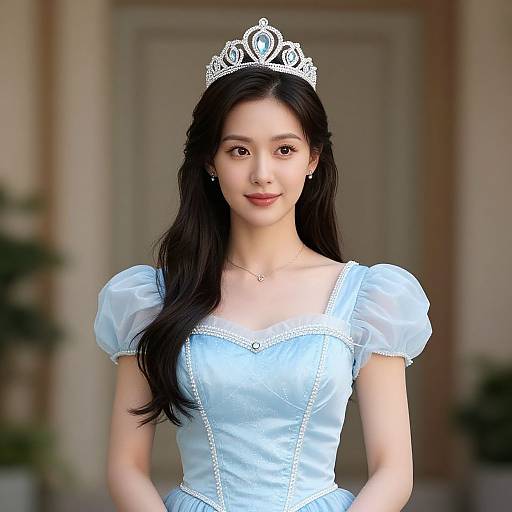 Photograph of an Asian woman with long black hair, wearing a silver tiara, light blue princess dress with puffed sleeves, standing indoors with blurred