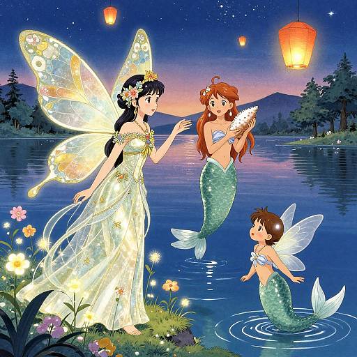Digital illustration of fairy, mermaid, and merboy by a lake at night; fairy in yellow dress, mermaid with orange hair, merboy