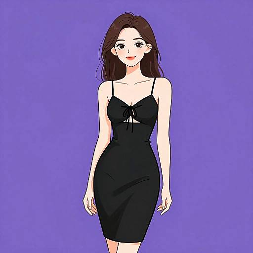 Digital anime-style drawing of a smiling woman with long brown hair, wearing a black, strapless, form-fitting dress, against a purple background.