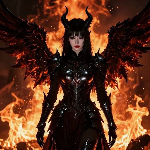 Digital art of a fierce, black-armored demon woman with fiery orange background, black wings, and horns, standing confidently.