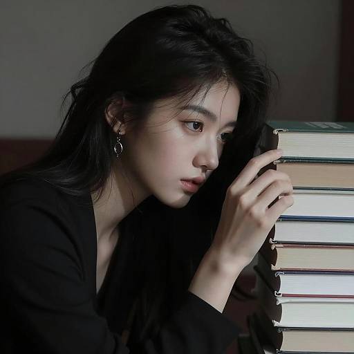 Intense Focus on Books in Dim Light