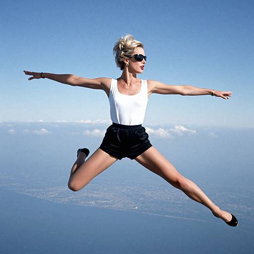 Blonde woman with short hair, wearing white tank top and black shorts, jumping with arms outstretched against a clear blue sky background. Digital illustration