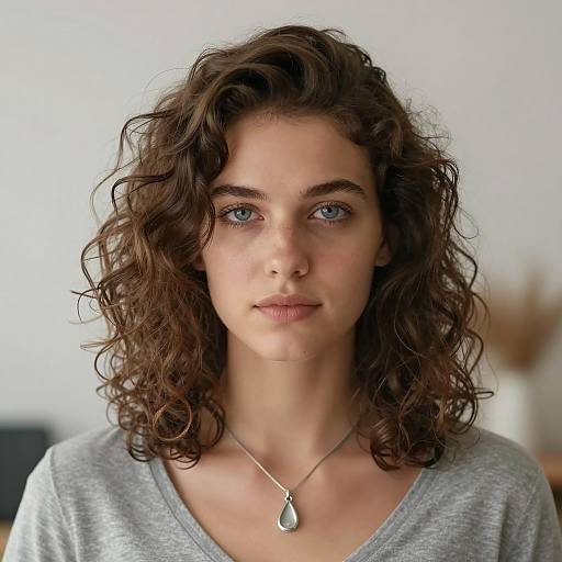 Young Woman with Wavy Hair and Teardrop Necklace