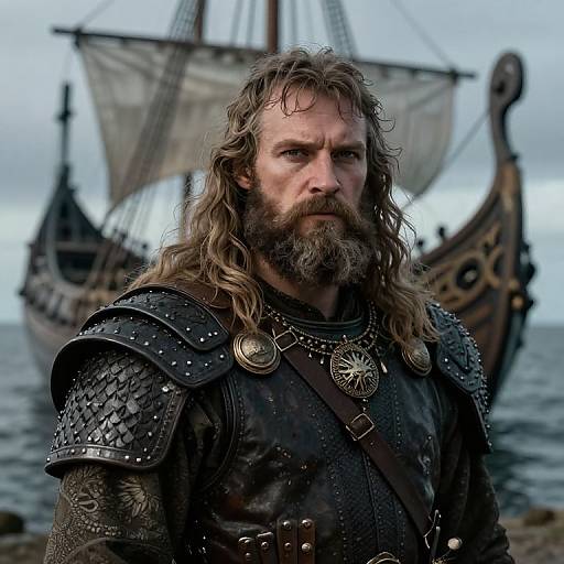 Photograph of a rugged, bearded Viking warrior with long, wavy hair, wearing dark, ornate armor, standing in front of a historic