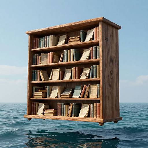 Photorealistic CGI: Wooden bookshelf with books floating on calm ocean under clear blue sky, with books of various sizes and colors.