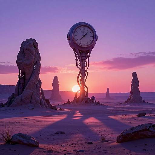 Photograph of a surreal desert landscape at sunset with a floating, steampunk clock above rocky formations, casting long shadows, under a purple and pink