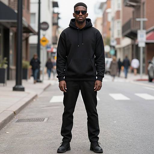 Photograph of a Black man standing confidently in a city street, wearing a black hooded sweatshirt, black pants, and sunglasses. Urban background with