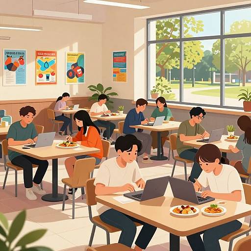 Digital illustration of a bright, sunlit cafeteria with diverse students in casual clothes, working on laptops, eating meals, surrounded by colorful educational posters and large