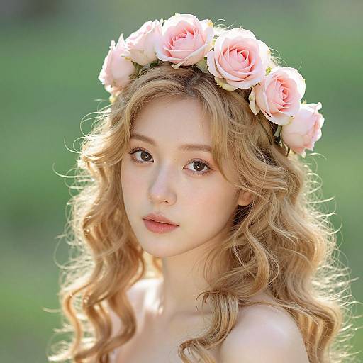 Photograph of a fair-skinned, blonde woman with wavy hair, wearing a pink rose crown, softly lit, against a blurred green background.