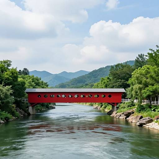 Red Covered Bridge Over River in Mountain Landscape