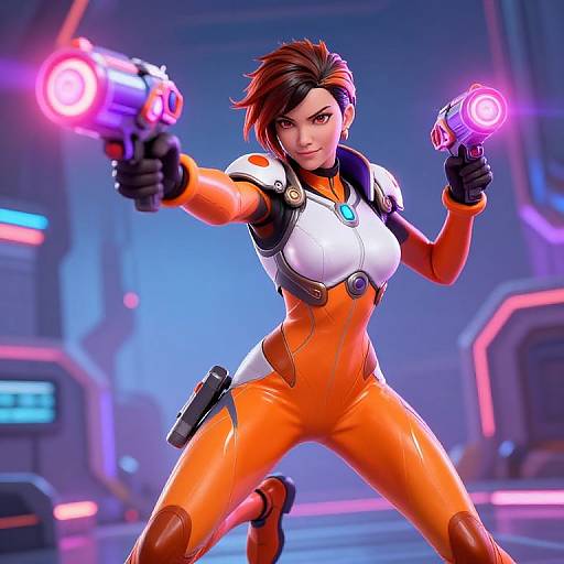 Digital CGI of a fierce, short-haired woman in an orange and white futuristic bodysuit, dual-wielding glowing pink guns, in a neon-l