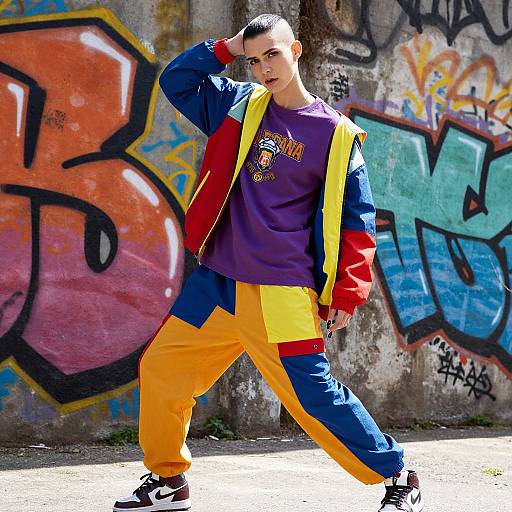 Photograph of a young man with a shaved head, wearing a colorful, oversized jacket, purple shirt, and yellow-blue-orange pants, posing against a
