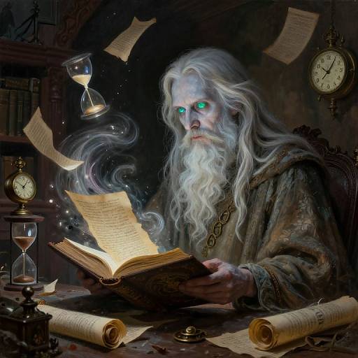 Digital painting of a white-bearded wizard with glowing blue eyes, reading an enchanted book, surrounded by hourglasses, scrolls, and clocks.