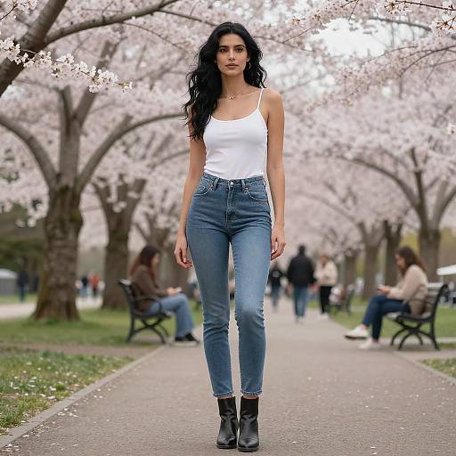Photograph of a tall, slender woman with long black hair, wearing a white tank top, blue jeans, and black ankle boots, walking down a