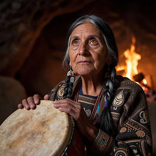 Photograph of an elderly Native American woman with long gray braided hair, wearing traditional patterned clothing, holding a drum, lit by warm firelight