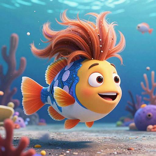 Vibrant Cartoon Fish with Quirky Hair