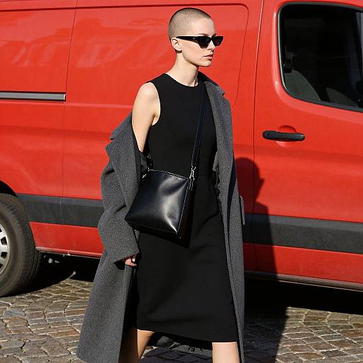 Bald woman in black dress and sunglasses, carrying a black leather bag, stands by a red van on a cobblestone street. Photograph.