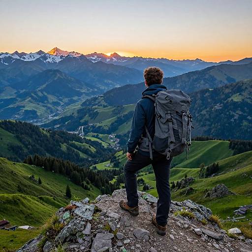 Photograph of a hiker in dark jacket and backpack, standing on rocky mountain peak, gazing at sunset over green valleys and snow-capped mountains