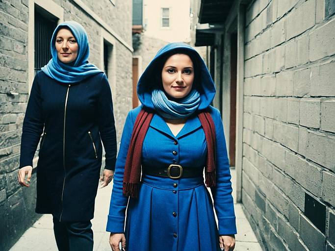 Photograph of two women in blue hijabs and matching blue dresses, one in the foreground with a maroon scarf, walking down a narrow, brick