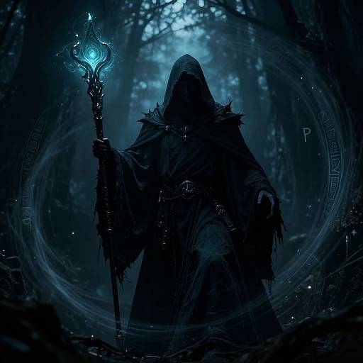 Mysterious hooded figure in dark, tattered robes holds glowing blue staff in a misty, blue-lit forest, surrounded by magical runes.