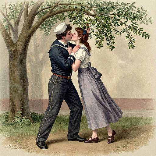 Vintage illustration of a couple kissing under a tree; man in navy sweater and jeans, woman in white blouse and gray skirt.