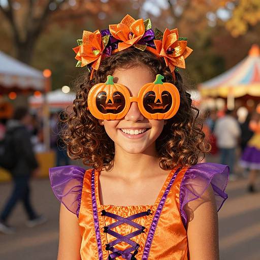 Photograph of a smiling young girl with curly brown hair, wearing orange Halloween dress, purple sleeves, pumpkin-shaped glasses, and orange bow headband,