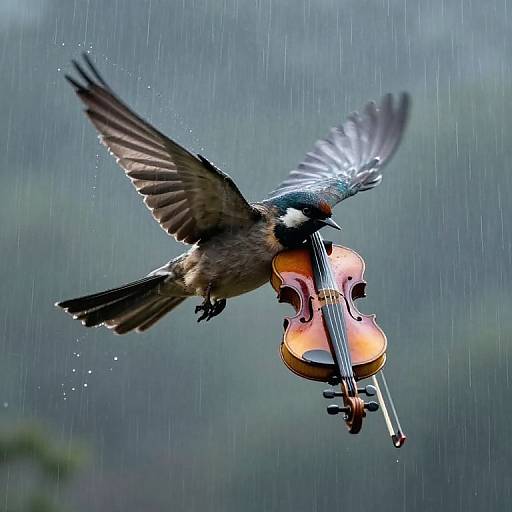 Photograph of a rain-soaked, mid-flight kingfisher carrying a violin in its beak, with blurred, misty green background.