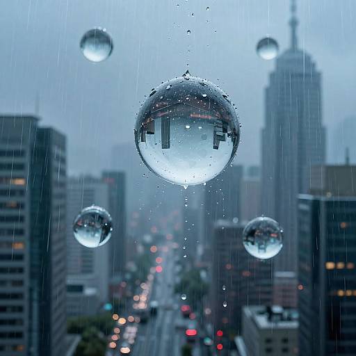 Photograph of raindrops on a window reflecting cityscape, with blurred skyscrapers and street lights in the background, creating a reflective, serene urban