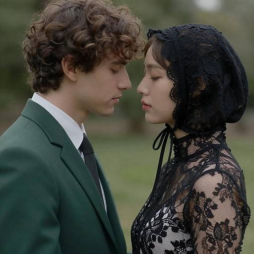 Intimate Side Profile of Couple in Lace and Suit