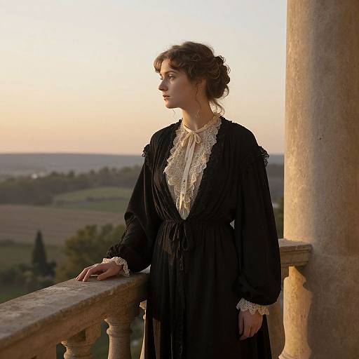 Photograph of a Victorian-era woman in a black lace-trimmed dress, standing on a balcony at sunset, gazing at a countryside landscape.