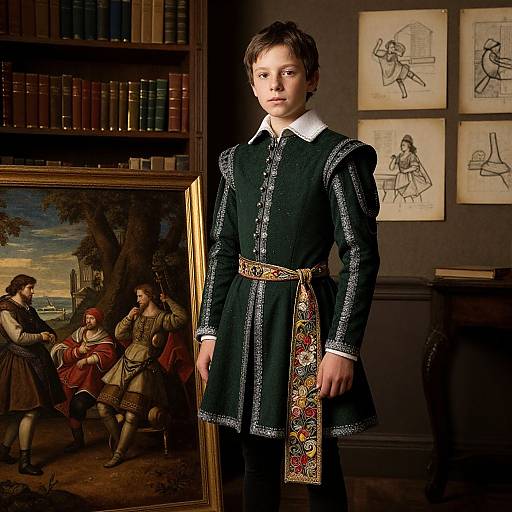 Photograph of a young boy in a detailed black Renaissance-style outfit with white trim, standing in a dimly lit library with classical paintings and sketches on