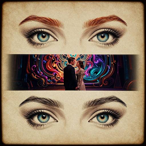 Digital artwork featuring three close-up blue-eyed female faces with dark eyebrows, framing a vibrant, neon-colored, swirling abstract background of a man and woman in