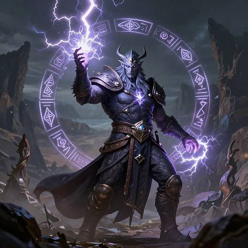 Digital fantasy artwork of a muscular, horned demon warrior with glowing purple lightning, wearing dark armor and belt, standing in a rocky, stormy landscape