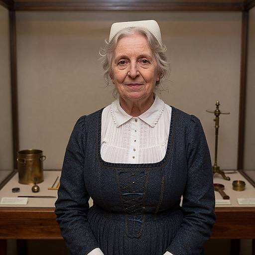 Photograph of an elderly white woman with gray hair, wearing a black dress with white lace collar and bonnet, seated in front of a wooden display