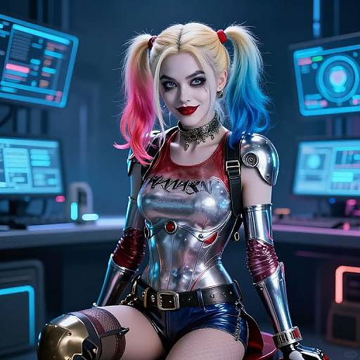 Photorealistic digital art of Harley Quinn with colorful pigtails, metallic top, red lipstick, and latex shorts, in a cyberpunk control room