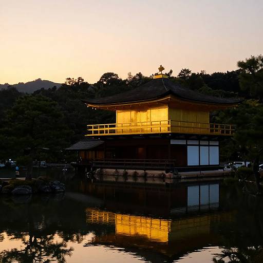 Photograph of a traditional Japanese wooden pavilion with golden light, reflected in a calm pond at sunset, surrounded by dark trees.