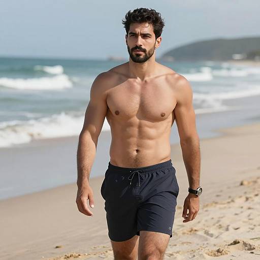Muscular Man Walking on Beach