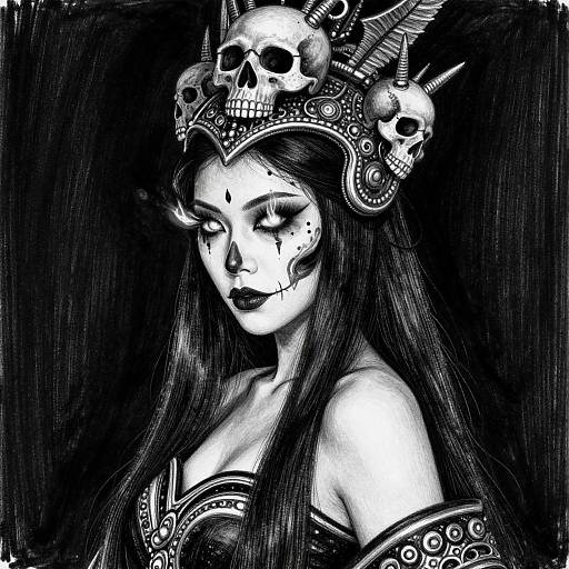 Monochrome digital drawing of a gothic woman with long hair, skull-adorned crown, dark lipstick, and intricate arm jewelry, eyes closed,