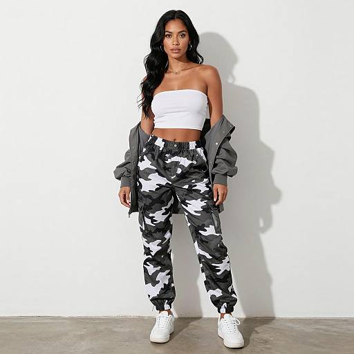 Woman in Camouflage Pants and White Crop Top