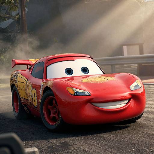 Photograph of a vibrant red, anthropomorphic race car with large eyes and a smiling mouth, featuring yellow racing decals, driving on a dusty street with