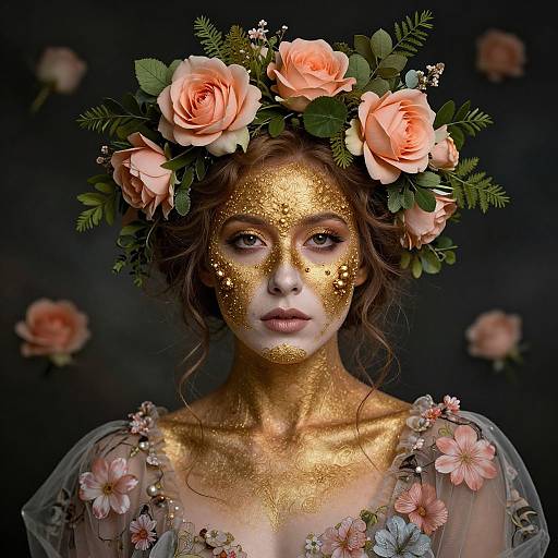 Photograph of a woman with golden face paint, wearing a floral crown of pink roses, and a sheer floral dress, against a dark background with floating