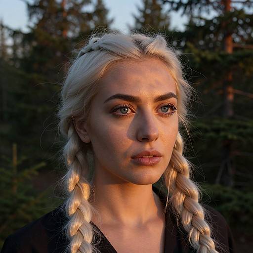 Photograph of a young woman with platinum blonde braids, fair skin, and blue eyes, standing in a forest at sunset. Warm light highlights her