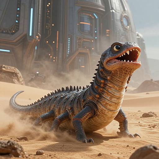 CGI image of a fierce, blue-scaled, spiked lizard with sharp teeth roaring in a sandy desert, with a futuristic, metallic structure in the