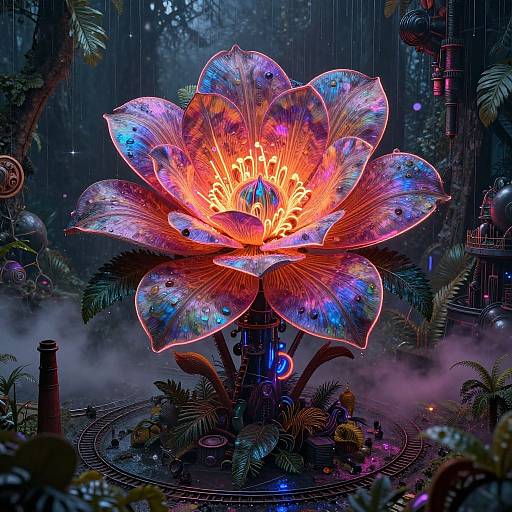 Vibrant, neon-lit, bioluminescent lotus flower with orange and blue hues blooms in a misty, rain-filled, dark