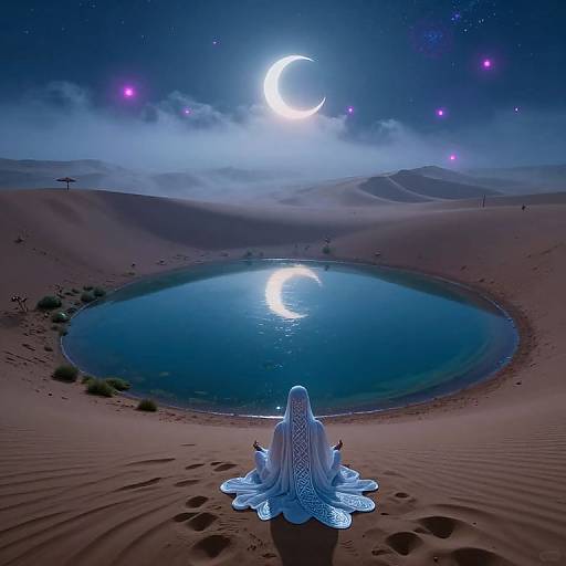 Digital artwork: Ghostly figure with flowing blue veil stands by reflective desert pool under crescent moon, surrounded by purple-lit stars.