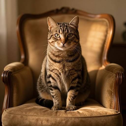 Photograph of a tabby cat with green eyes sitting on a vintage, wooden-armchair with brown, patterned upholstery, bathed in warm sunlight