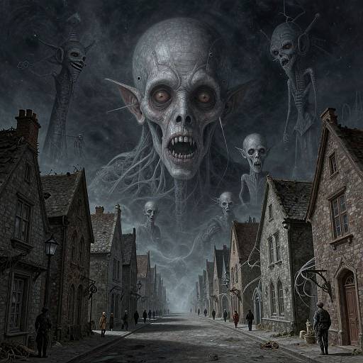 Digital artwork of a dark, eerie street with towering, ghostly skeletal figures with glowing eyes looming over medieval stone buildings.